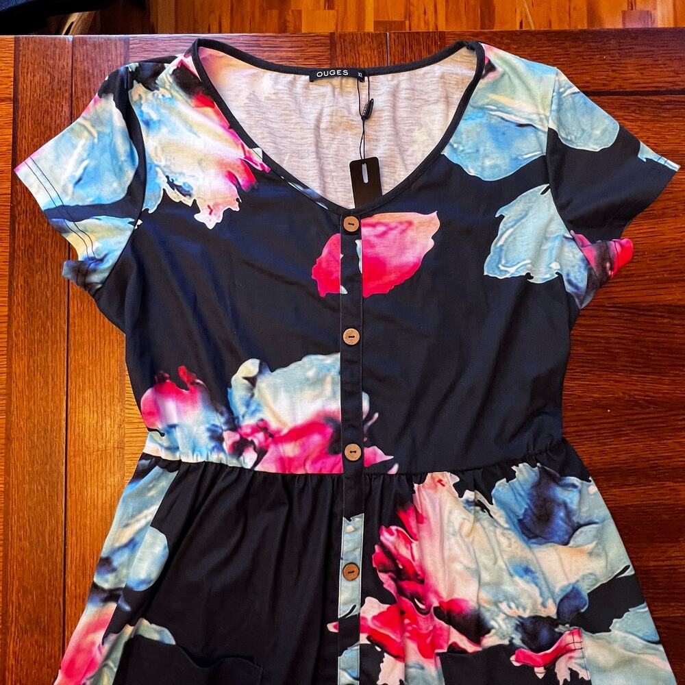 NWT OUGES Women's V Neck Floral Button Down Skater Dress with Pockets XL - Picture 8 of 10